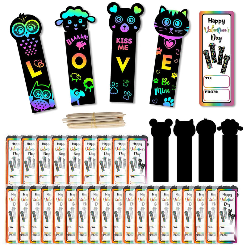 28 Set Valentine’s Day Scratch Bookmarks with Cards, DIY Magic Color Craft for Kids