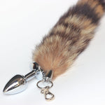 Real Fox Fur Tail Stainless Steel Anal Plug Set - Sensual Adult Toy & Cosplay Accessory (Raccoon, Medium Plug)