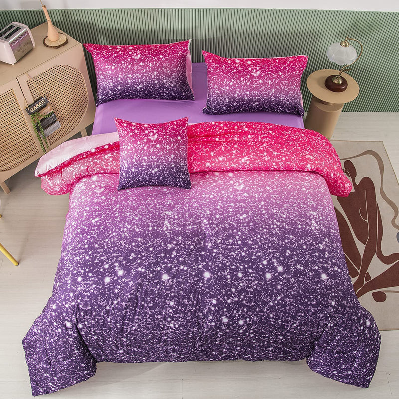Purple Comforter Set Full Size - 6Pcs Colorful Rainbow Girls Bedding Set - Spa