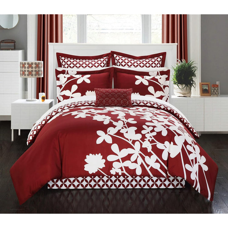 7 Piece Iris Reversible Large Scale Comforter Set King Burgundy