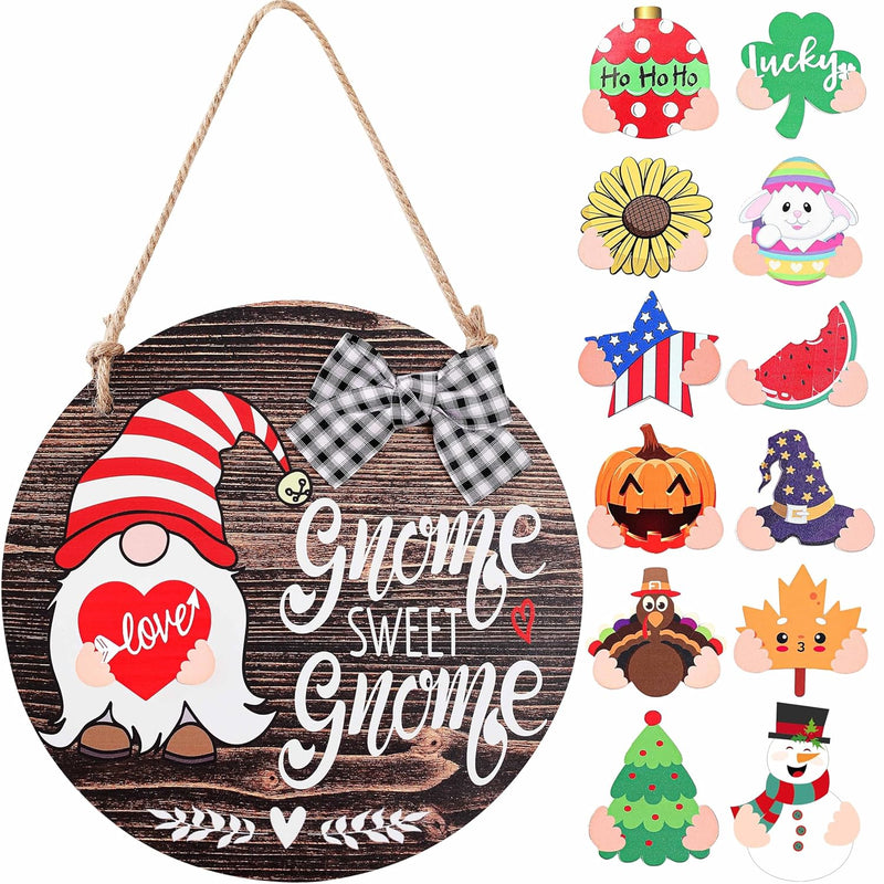 Interchangeable Seasonal Gnome Sweet Gnome Welcome Sign Front Door Decor Woode