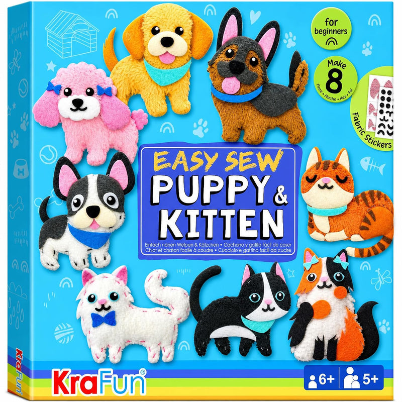 Puppy and Kitten Sewing Kit for Kids Ages 6 and Up, Includes 8 Plush Dolls