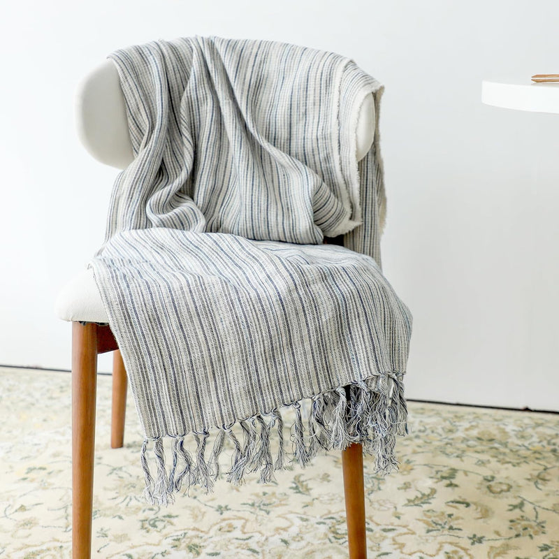 100% Linen Striped Throw 50''X70'' With Tassles, Decorative Fringe Boho Linen