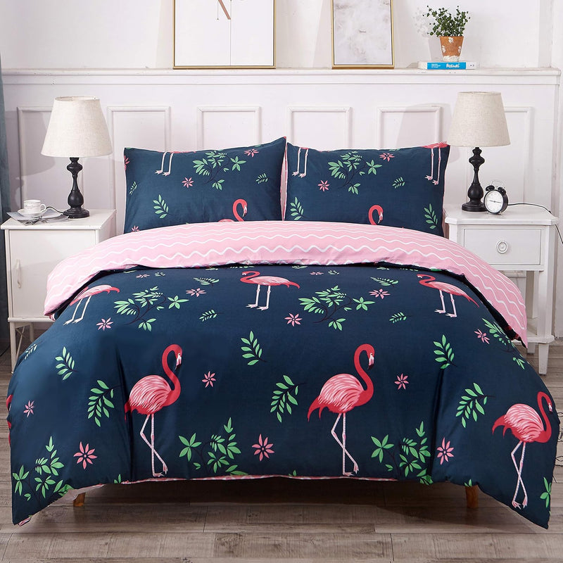 Duvet Cover Set Queen Size Flamingo/Chevron Reversible Soft Bedding Set Comfor