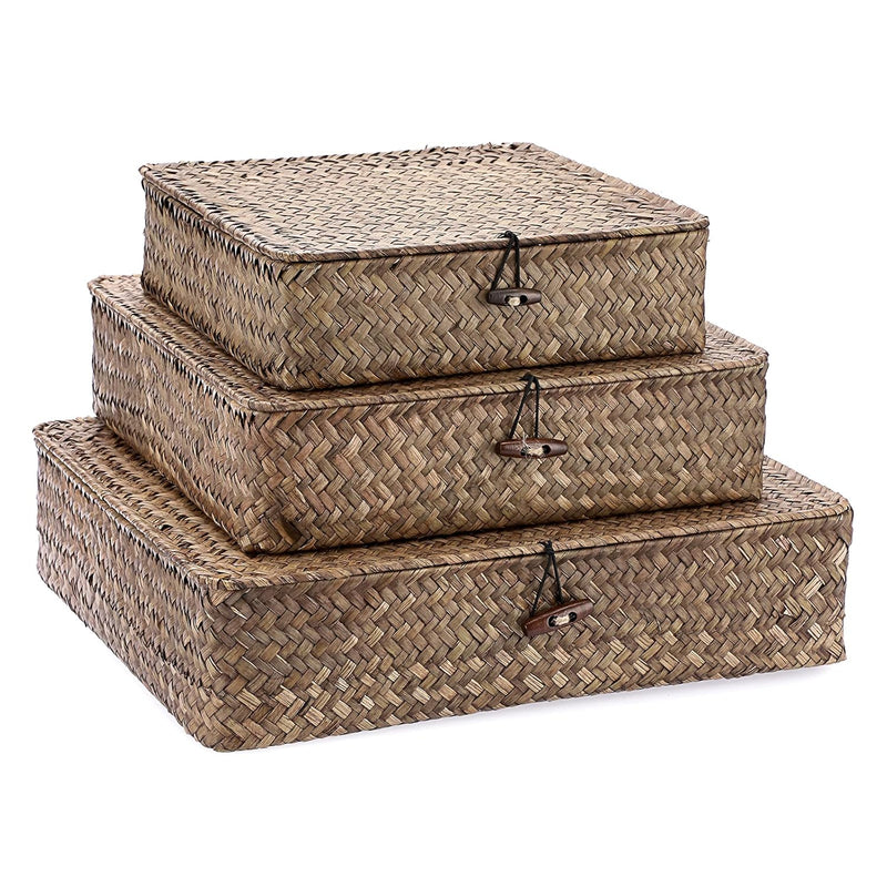 Flat Wicker Basket Bins With Lid - Set Of 3 Handwoven Seagrass Storage Basket Sh