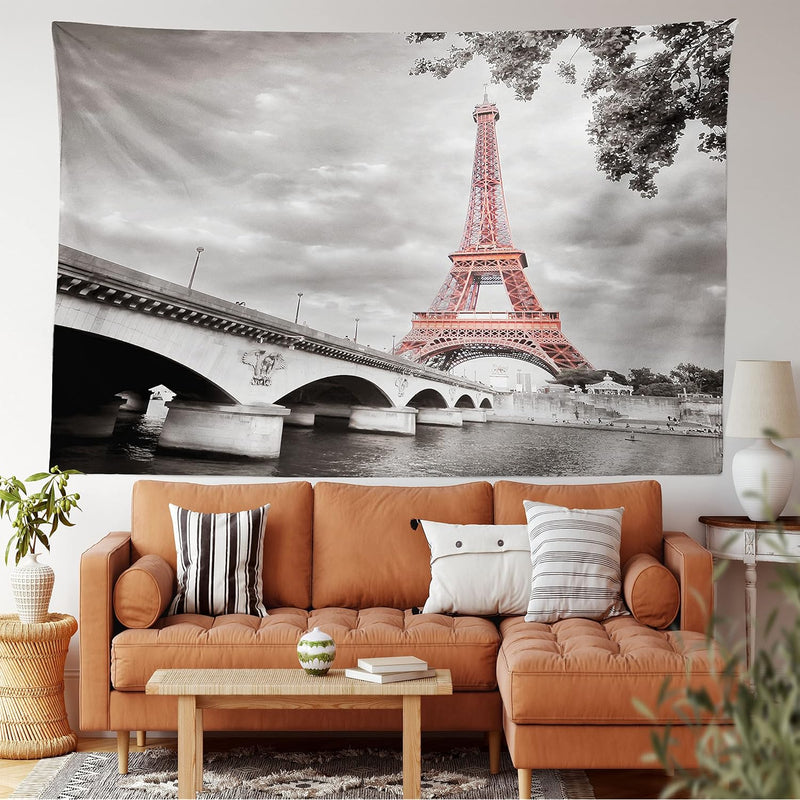 Paris Tapestry, Eiffel Tower Bridge Capital City Cloudscape Monochrome Style P