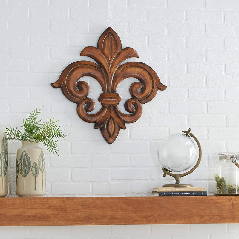 Wood Fleur De Lis Carved Wall Decor, 24" X 1" X 24", Brown
