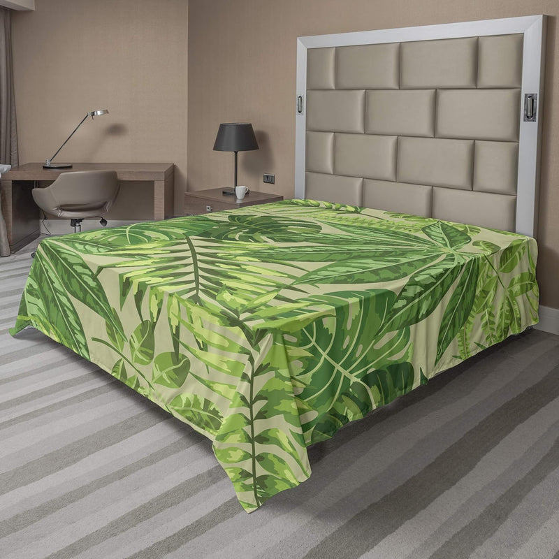 Green Leaf Flat Sheet, Exotic Pattern With Tropical Leaves Fresh Jungle Aloha