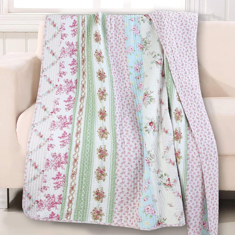 Floral Bloom Garden Vines Stripe Pink Blue Green Cotton Home Accessory Decor T