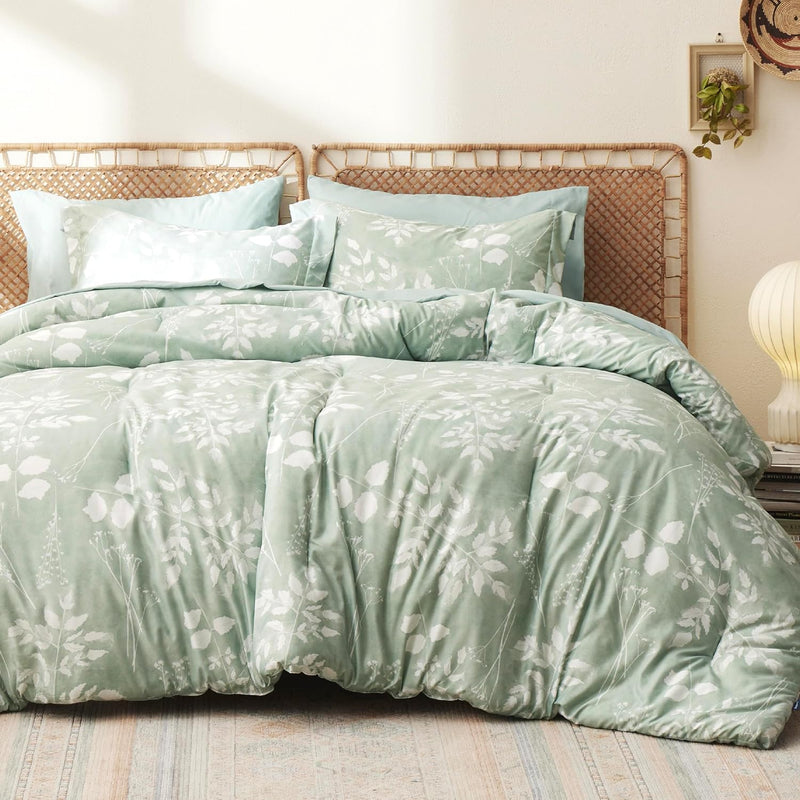 Queen Comforter Set - 7 Pieces Sage Green Floral Bedding Sets Queen Bed In A B