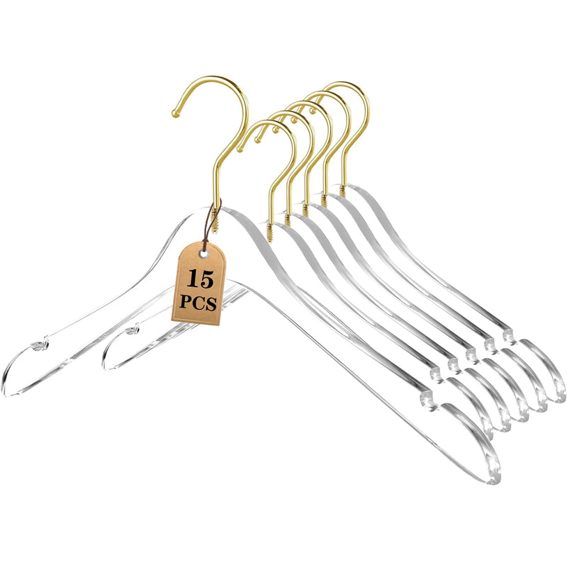 Besser 15Pack Acrylic Hangers With Gold,Acrylic Clear Hangers,Premium Crystal Dr