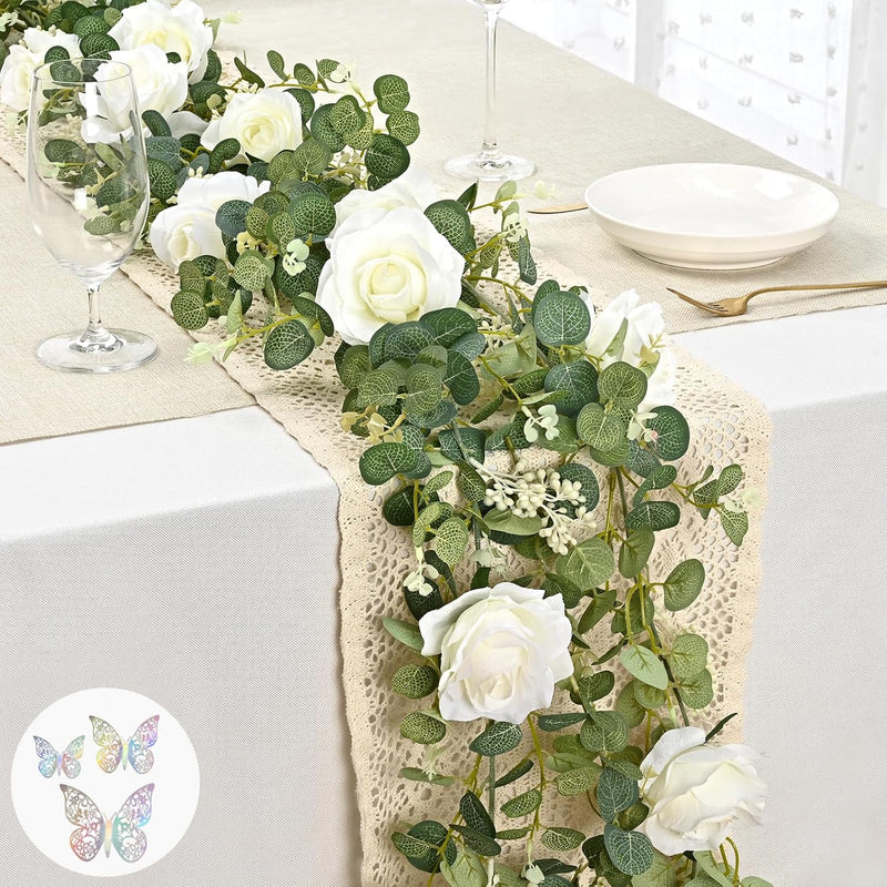 6.6Ft White Flower Garland With 3D Butterfly, Artificial Eucalyptus Garland Wi