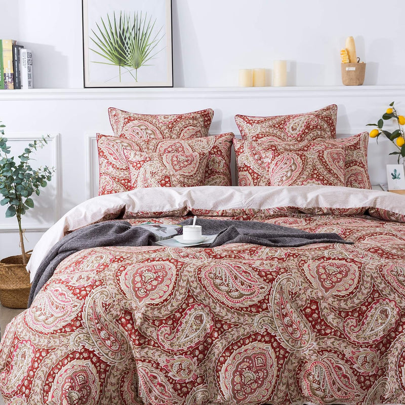 Paisley Duvet Cover Set 100% Cotton Ultra Soft Red And Beige Reversible Paisle