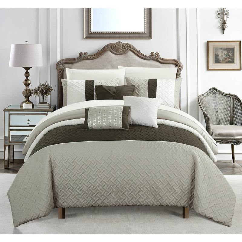 Osnat 10 Piece Comforter Set Color Block Quilted Embroidered Design Bed In A B