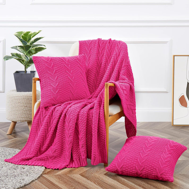 Knitted Throw Blanket (50" X 60") And 2 Pillow Covers (18" X 18"), 3 Piece Hot