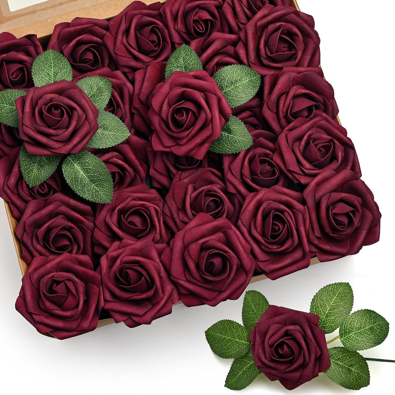 50Pcs Artificial Flowers Rose, Burgundy Fake Roses For Decorations, Real Touch