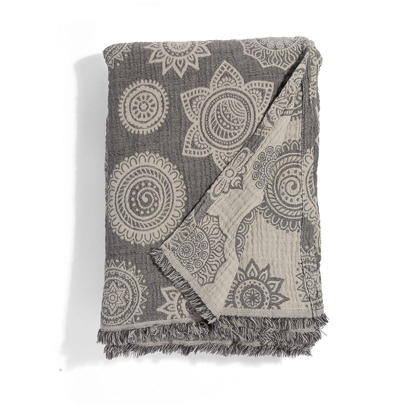 Turkish Gauze Blanket With Floral Mandala Print – Muslin Weave Flower Reversib