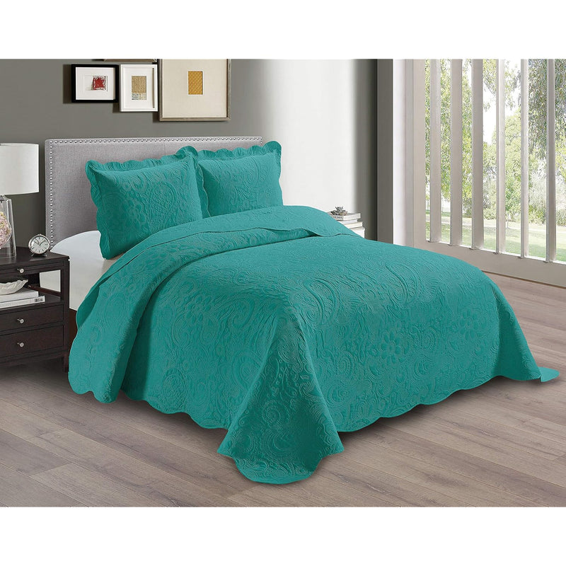 Embossed Coverlet Bedspread Set Oversized Solid Turquoise King/California King