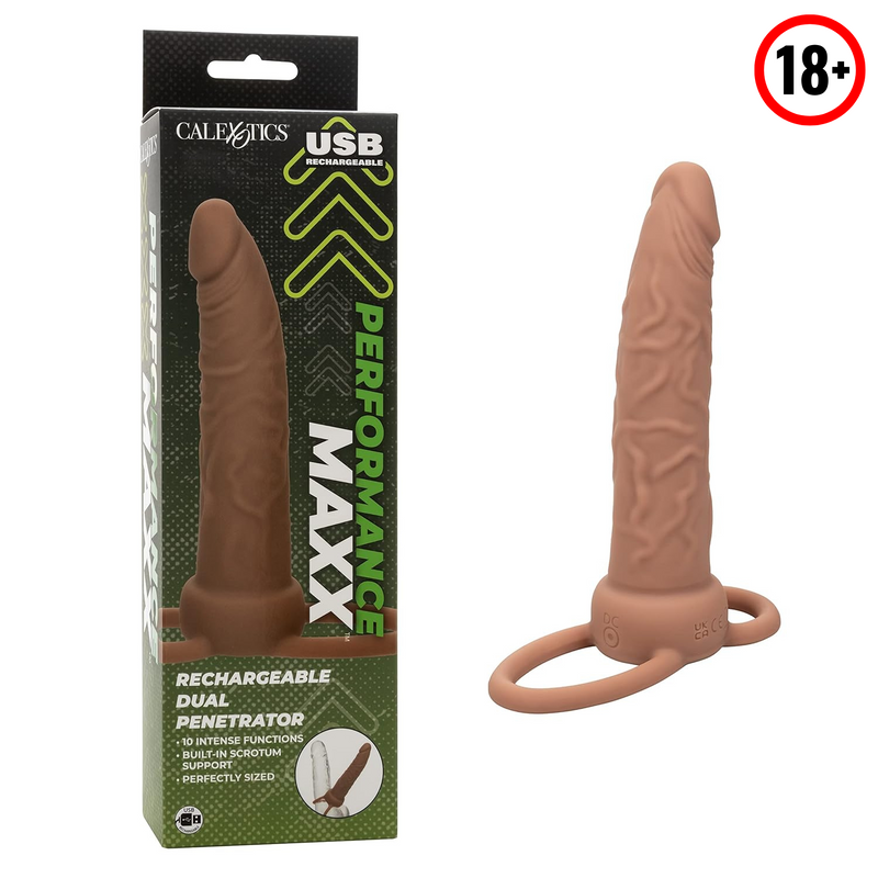 Performance Maxx Rechargeable Dual Penetrator Cock Ring Butt Plug - Brown - Se-1634-06-3