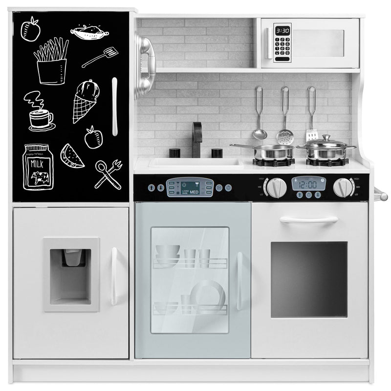 Pretend Play Kitchen Wooden Toy Set For Kids With Telephone, Utensils, Oven, Microwave - White