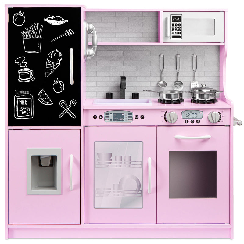 Pretend Play Kitchen Wooden Toy Set For Kids With Telephone, Utensils, Oven, Microwave - Pink
