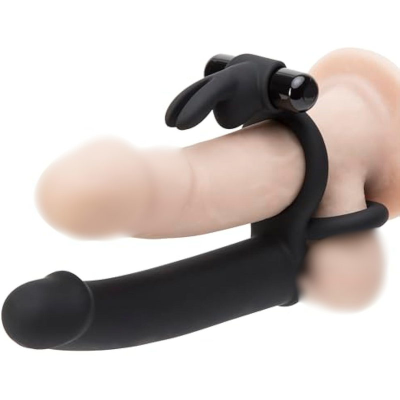Double Fun Vibrating Rabbit Double Penetration Strap On Dildo - 6 Inch Realistic Silicone Dildo With 2 Bullet Vibrators - Waterproof - Black