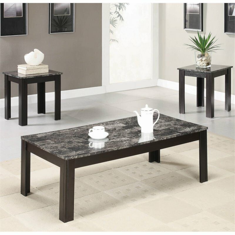 3 Piece Faux Marble Top Coffee Table Set In Black