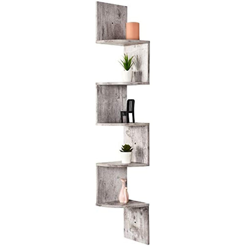 5 Tier Wall Mount Corner Shelves Rustic White Finish 7 75 L X 7 75 W X 48 5 H