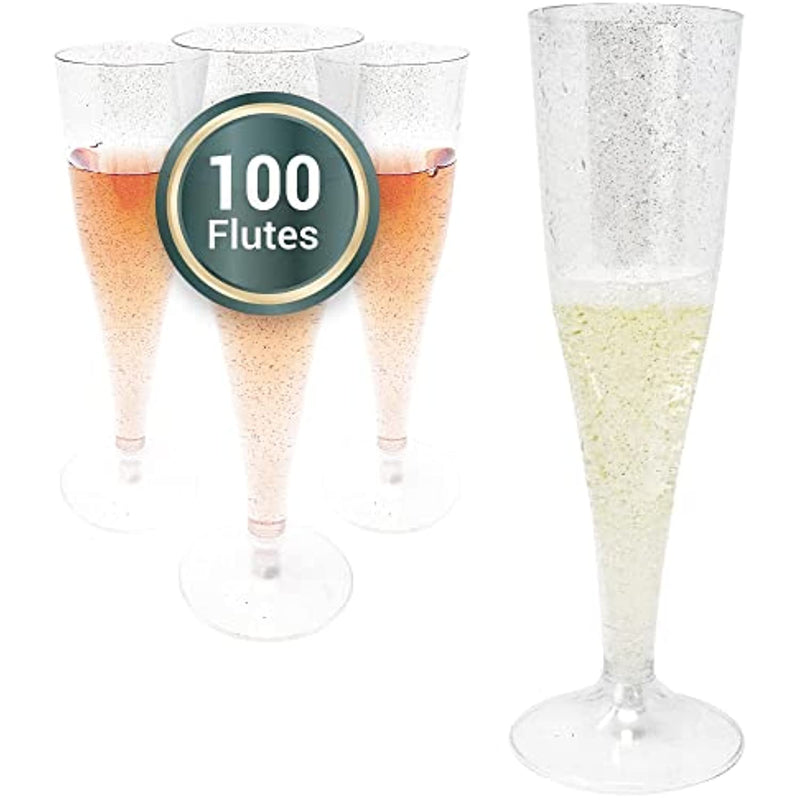 100 Bulk Pack Silver Glitter Plastic Champagne Flutes 4 5 Oz
