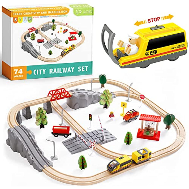 74 Pcs Wooden Train Set With Battery Operated Train Wooden Tracks