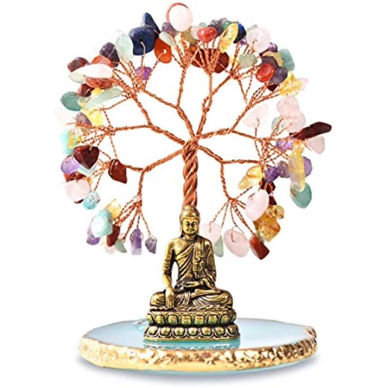 Buddha Statue with Healing Crystal Tree, Tree of Life for Positive Energy